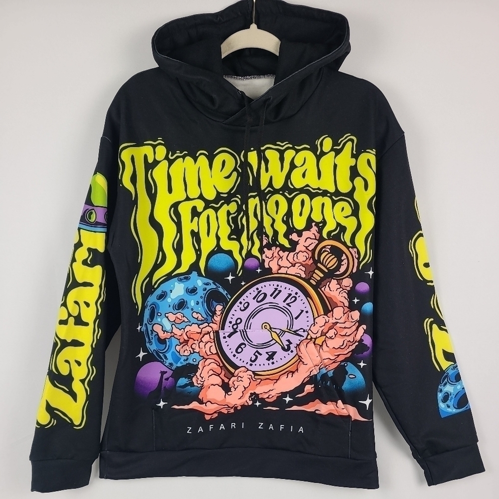 NEW Zafari Zafia 'Time Waits for No One' Black Hoodie Men's Size Large. MSRP$65